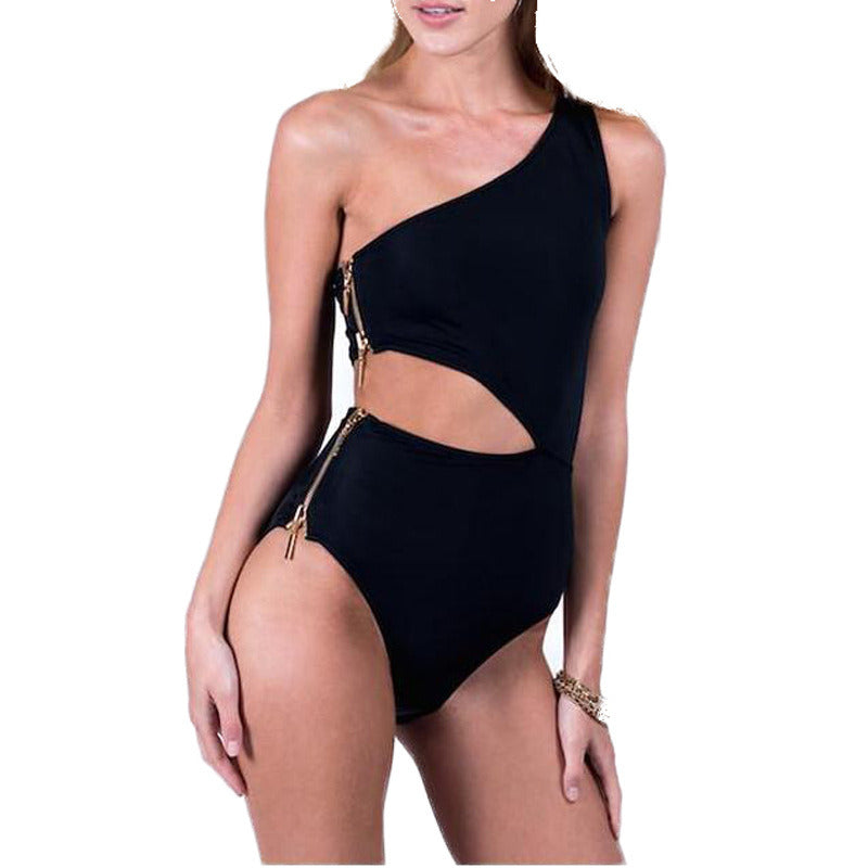 One Shoulder Solid Monokini with Zipper Design