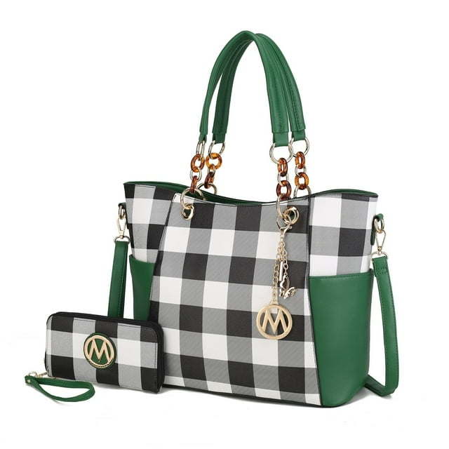 MKF Collection - Bonita Checkered Tote Bag and Wristlet Wallet Set with Decorative Keychain, 2-Piece, Green Checkered 3P's Inclusive Beauty