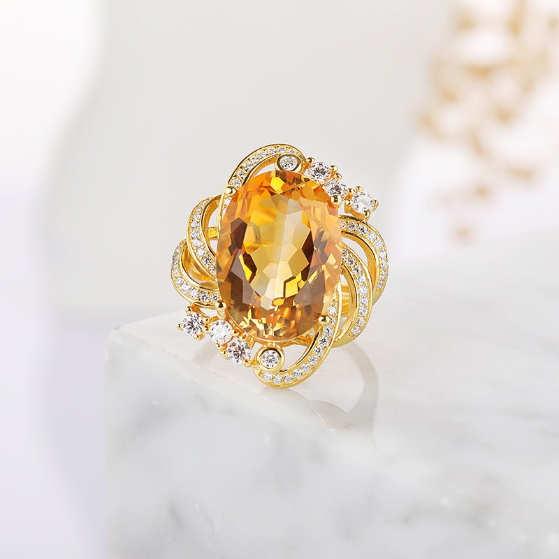 Brilliant Honey Yellow Gemstone with Crystals Ring 3P's Inclusive Beauty